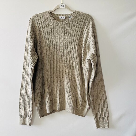 Izod Mens Natural Beige Crew Neck Cable Knit Preppy Pullover Sweater Size Large - Picture 1 of 7